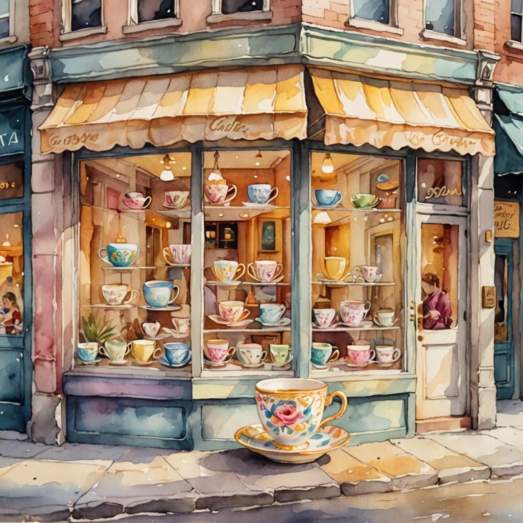 Colorful Boutique Teacup Shop in Whimsical Watercolor Style