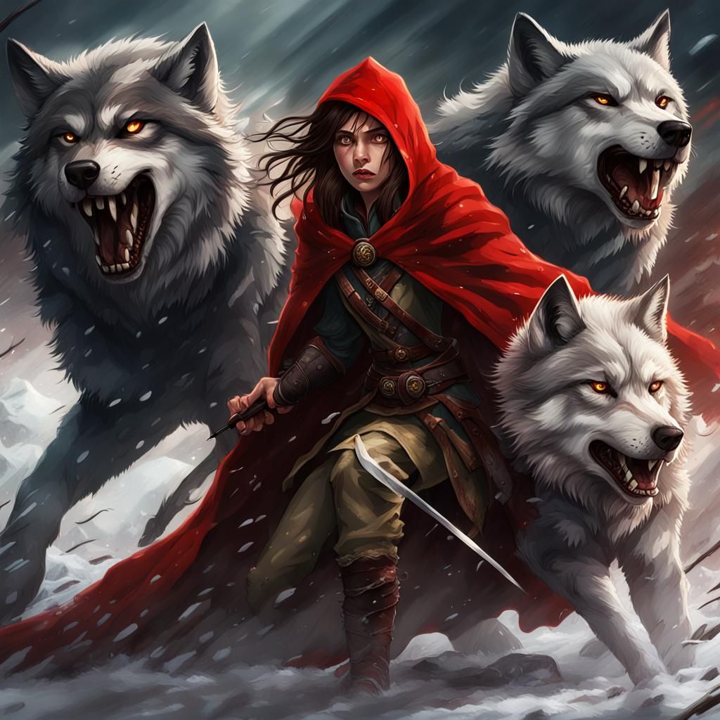 Female Warrior Protected by Wolves in Detailed Digital Paint...
