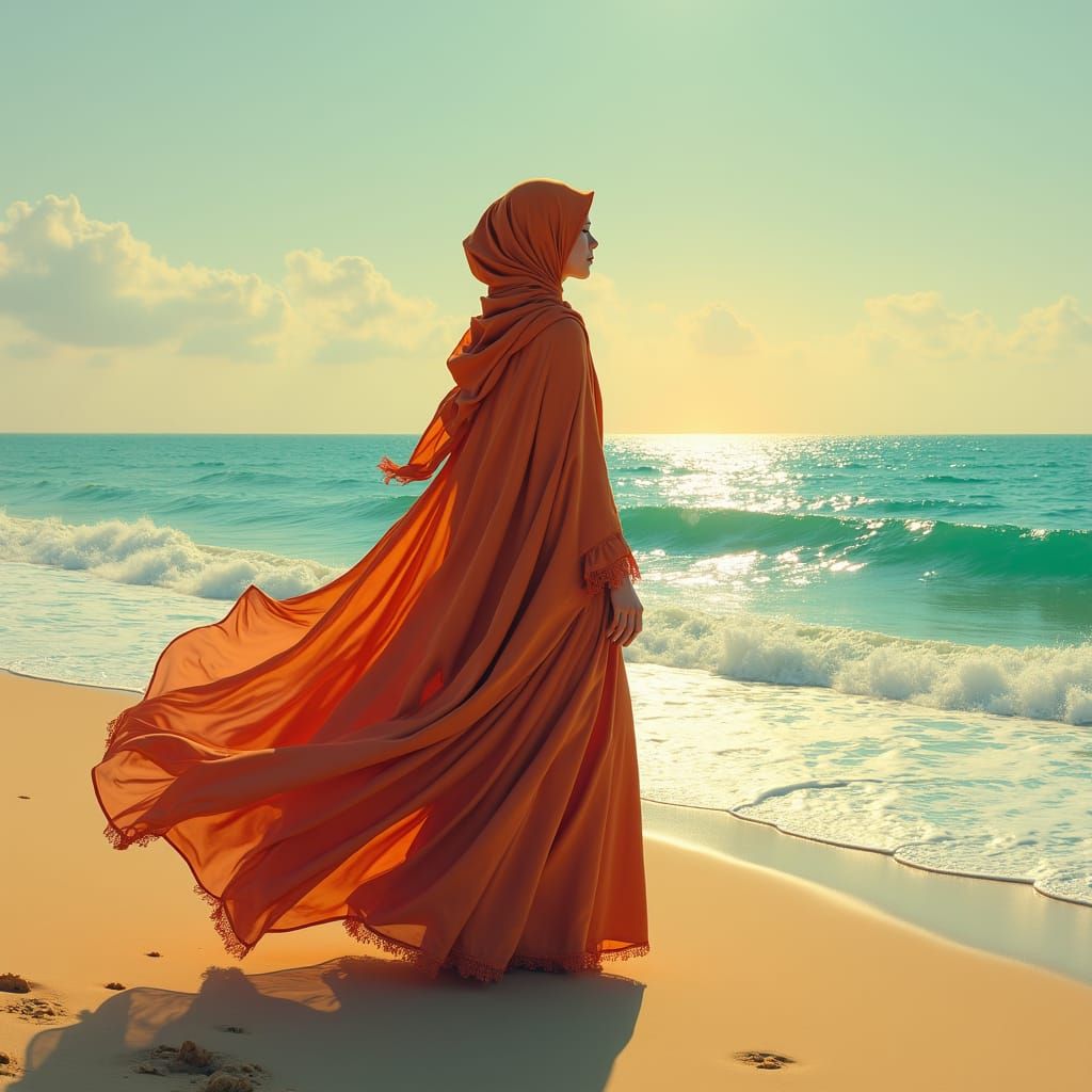 Muslim Woman on Beach at Dawn: Matte Painting
