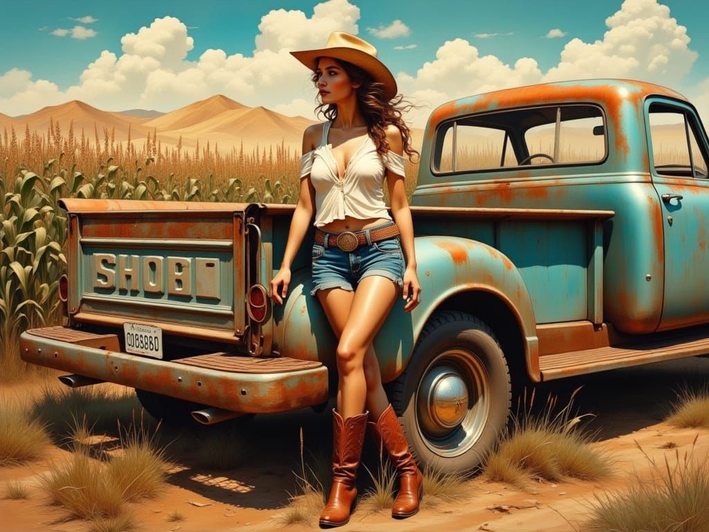 Cowgirl in Cornfield: Surreal Mixed Media Art