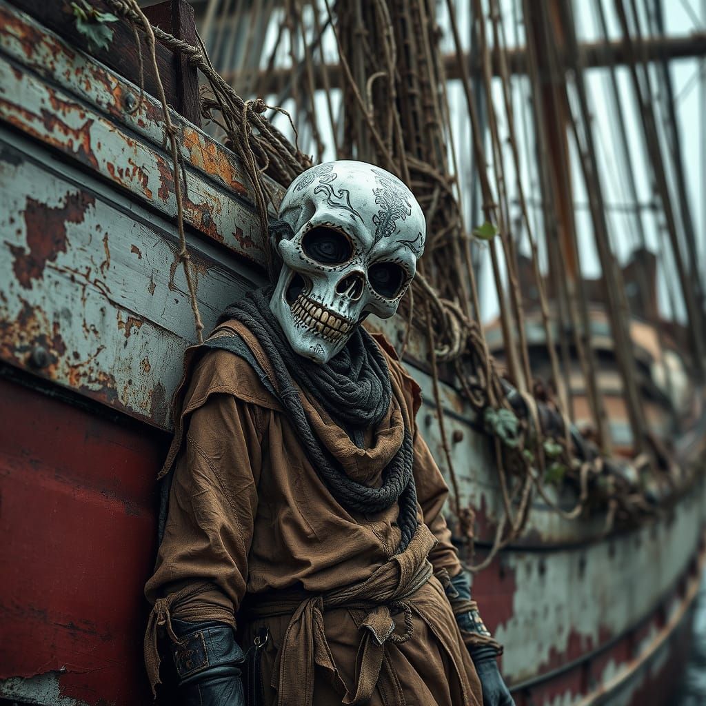 Fantasy Creature on Decaying Boat in Dreamlike Setting