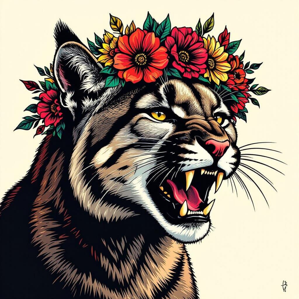 Roaring Cougar with Flower Crown in Contemporary Wildlife Ar...