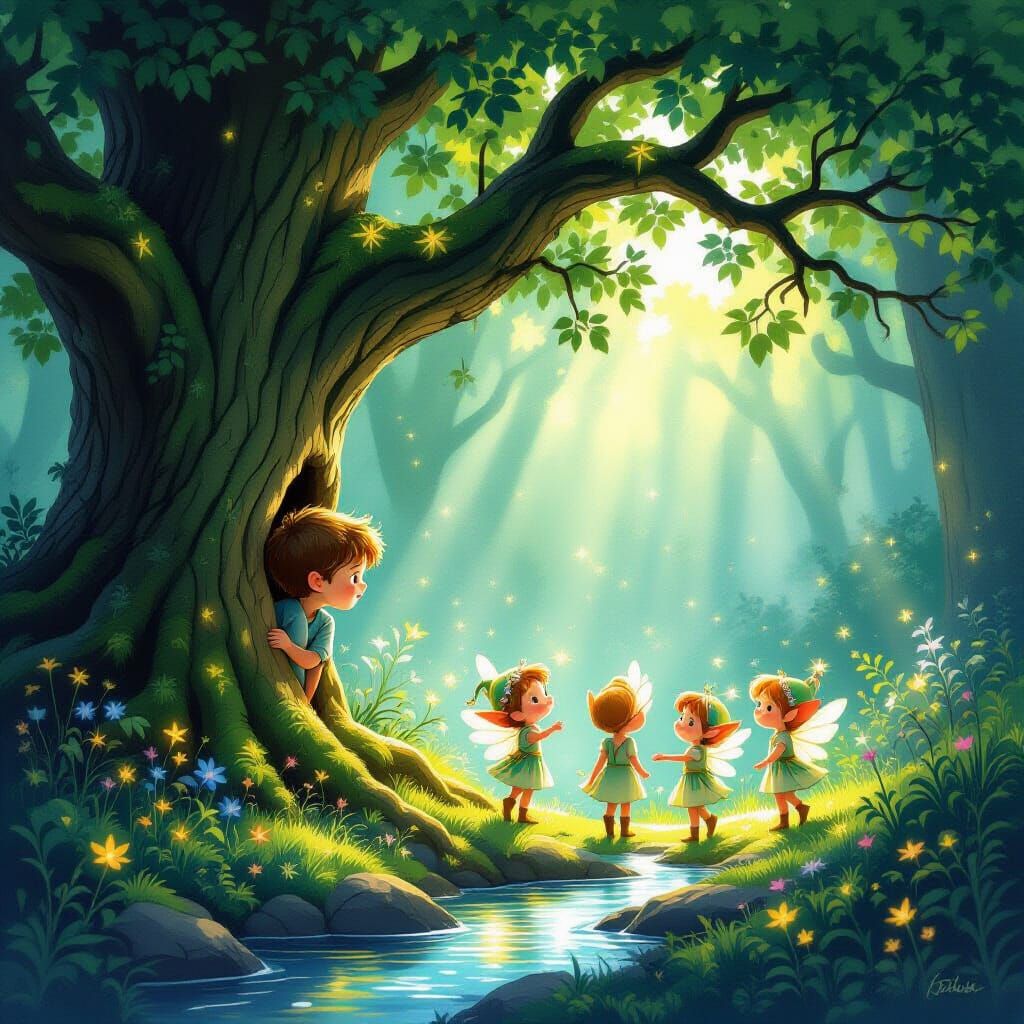 Boy Watches Elves in Enchanted Forest Fairytale