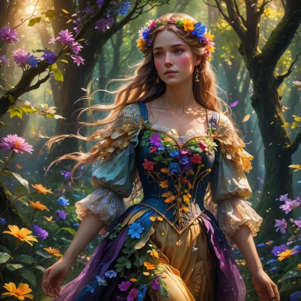 Maiden Surrounded by Rainbow Flowers in Dutch Masters Style