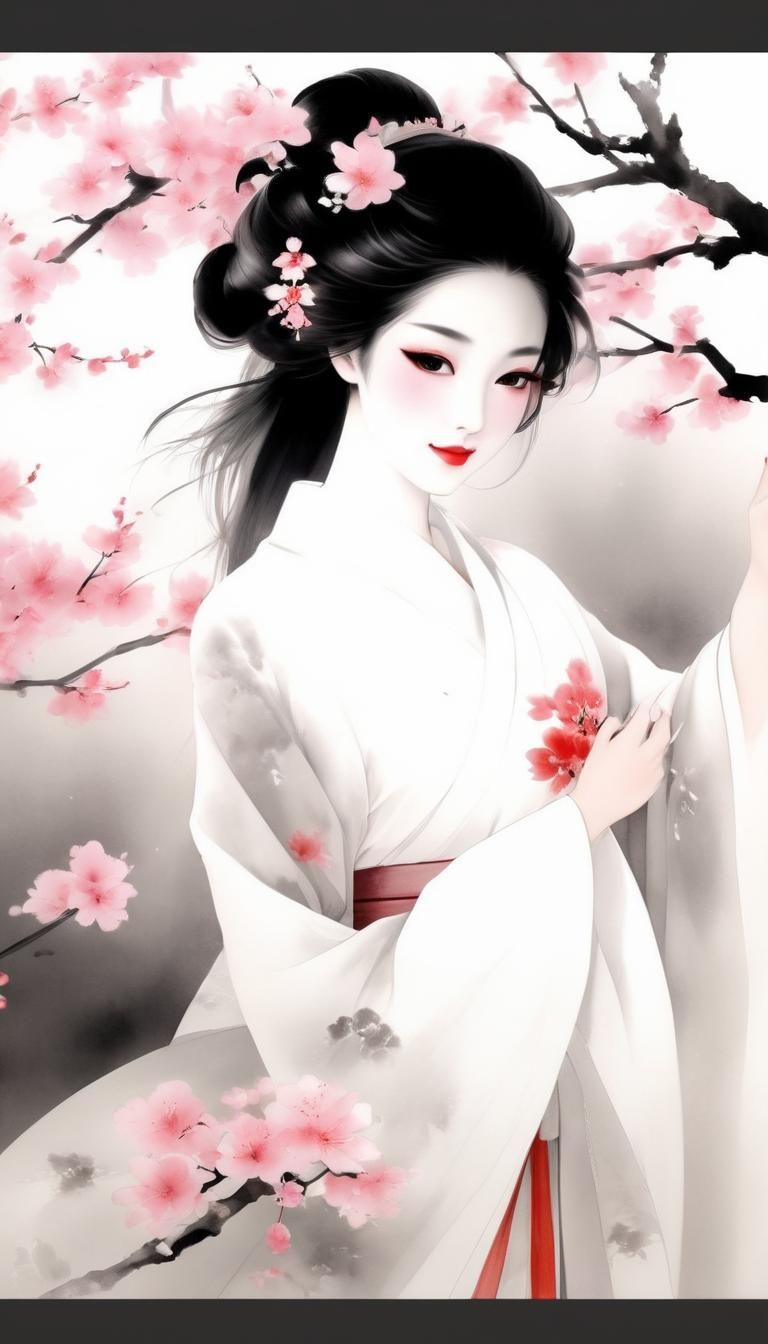 Geisha Portrait in Traditional Chinese Ink Painting