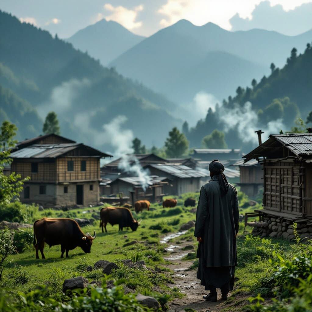 Mysterious Man Gazes Over Misty Kashmir Mountains