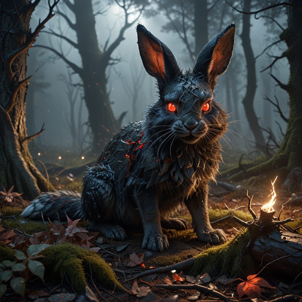 Sinister Bunny in Dark Fantasy Woodland Scene