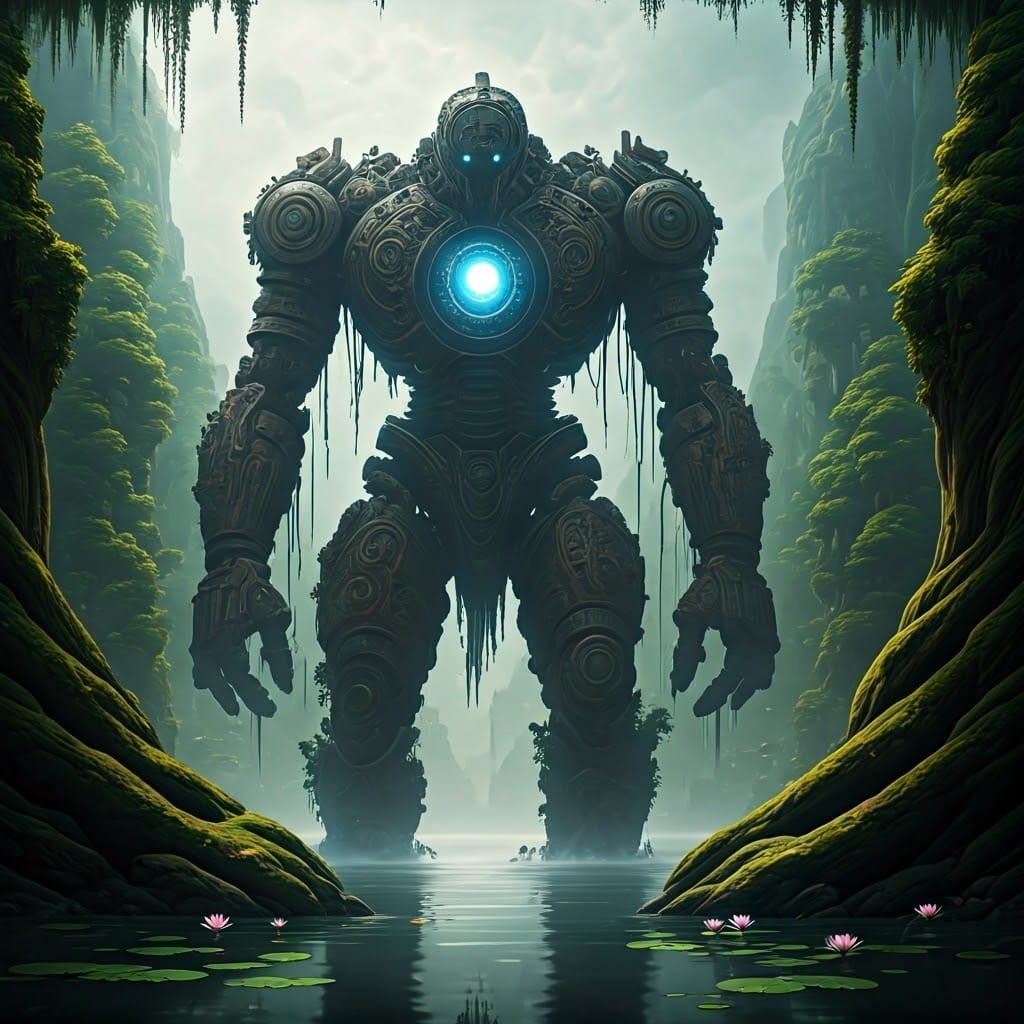 Colossal Gear Guardian in Mystical Landscape
