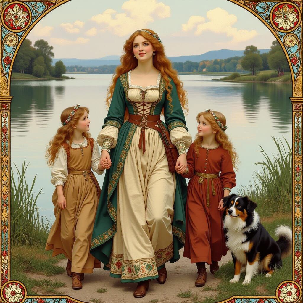 Medieval Woman and Children in Pre-Raphaelite Style