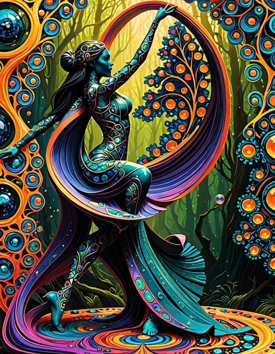 Surreal Cosmic Dancer in Iridescent Cosmic Forest