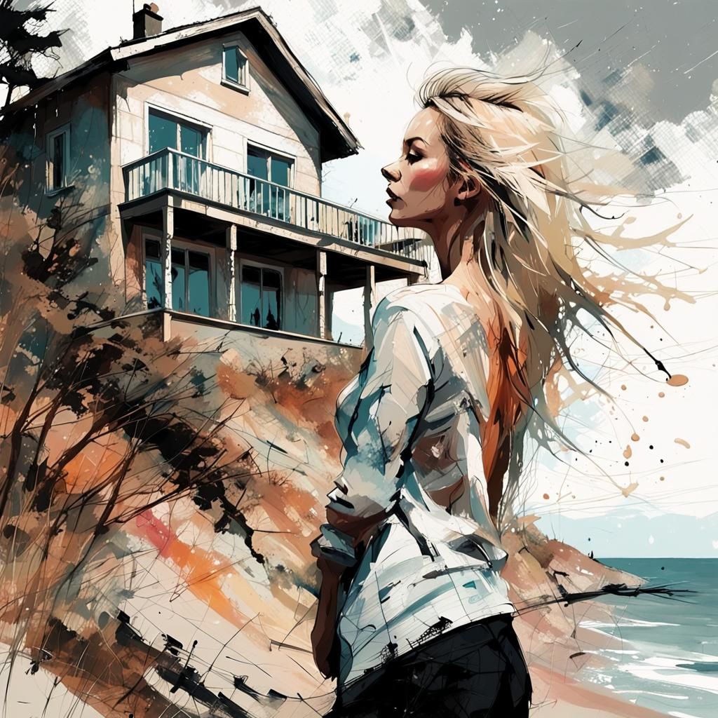 Baltic Sea Cliffside House in Pastel Ink Style