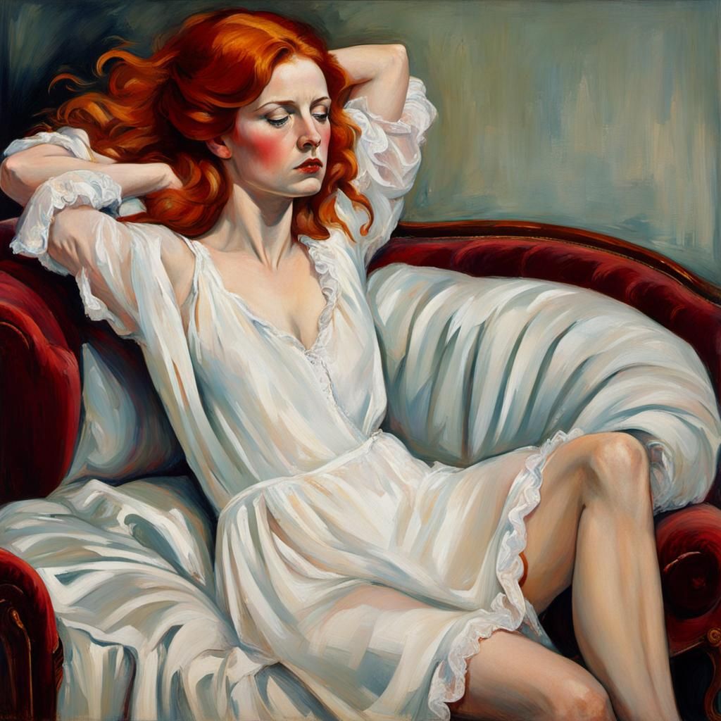 Expressionistic Portrait of Red-Haired Woman on Sofa