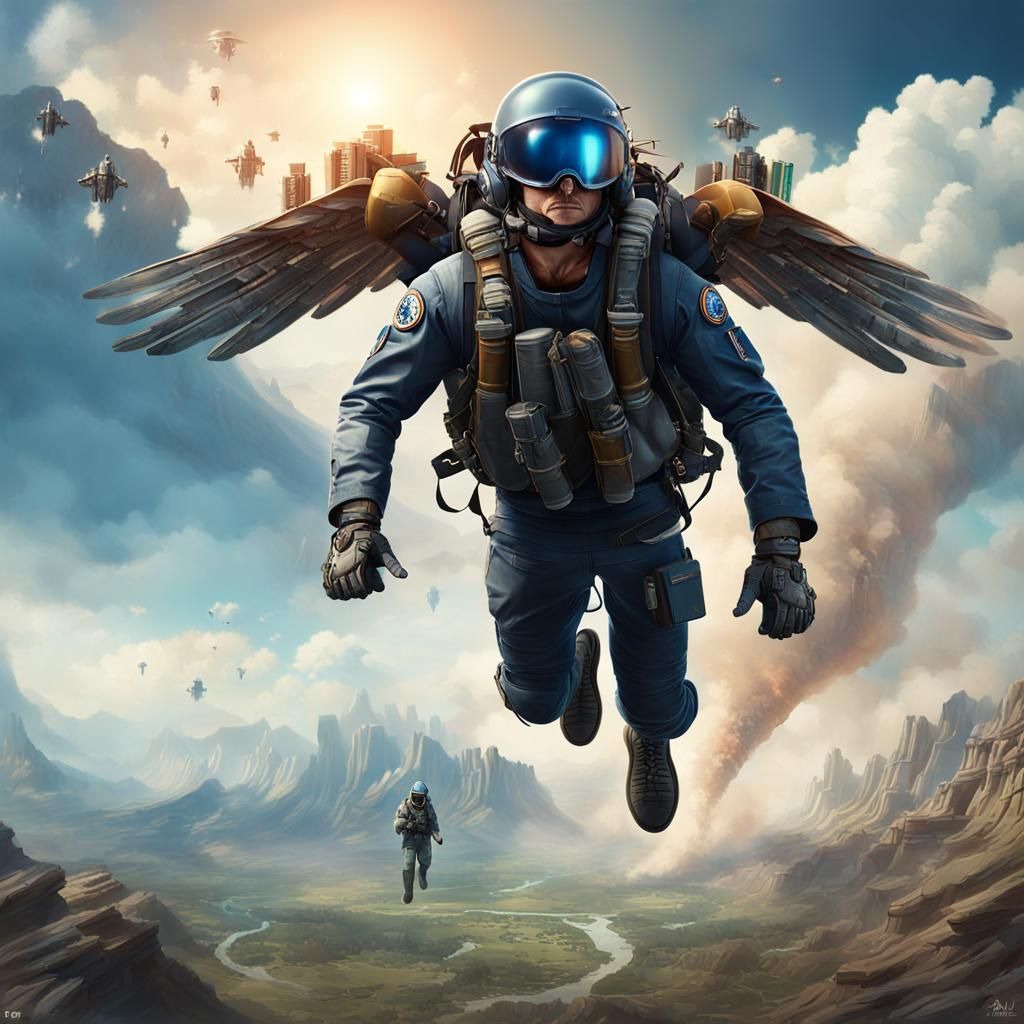 Air Force Pilot Soaring Above Battlefield in Matte Painting