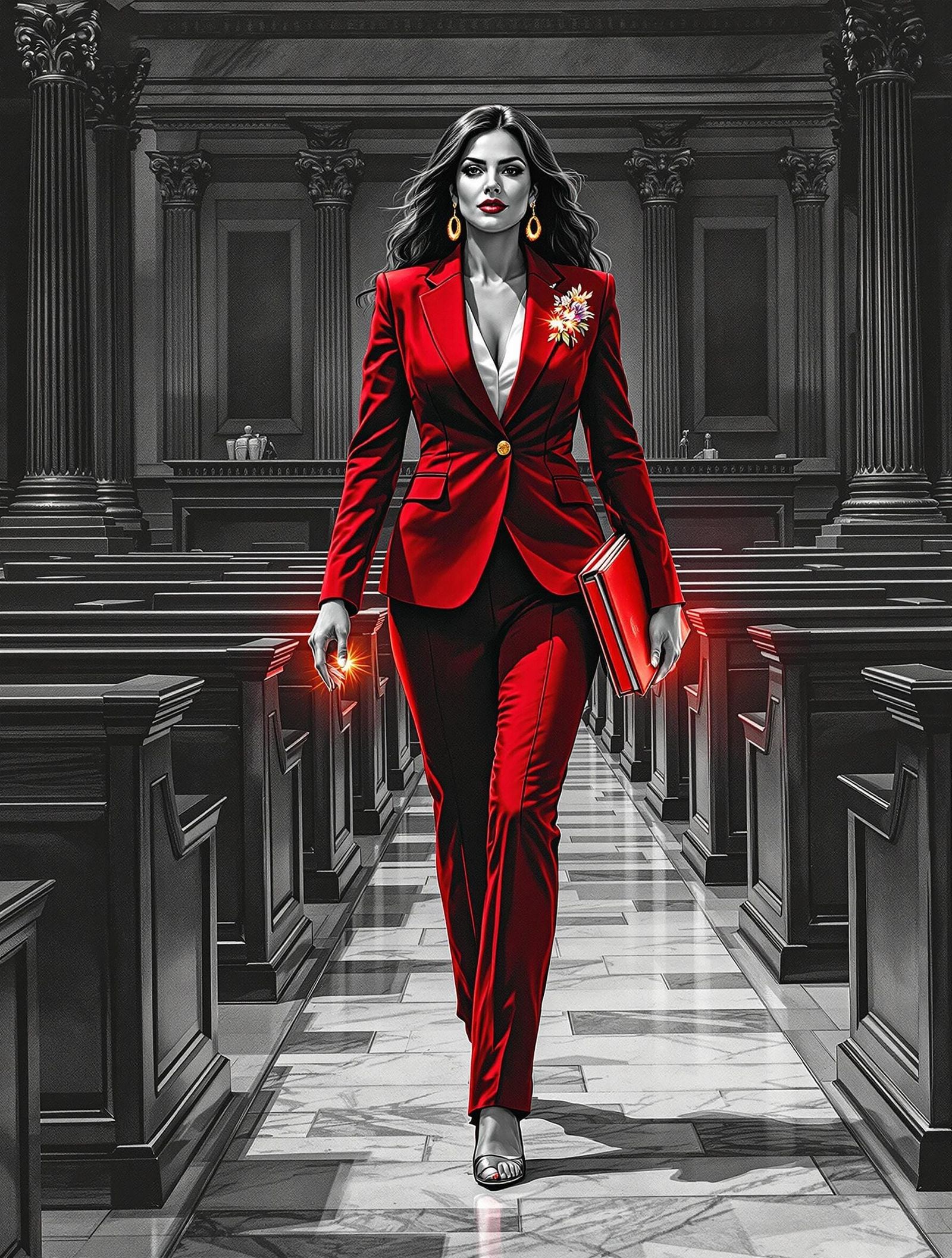 Latinx Justice Leader in Grayscale Courtroom Scene