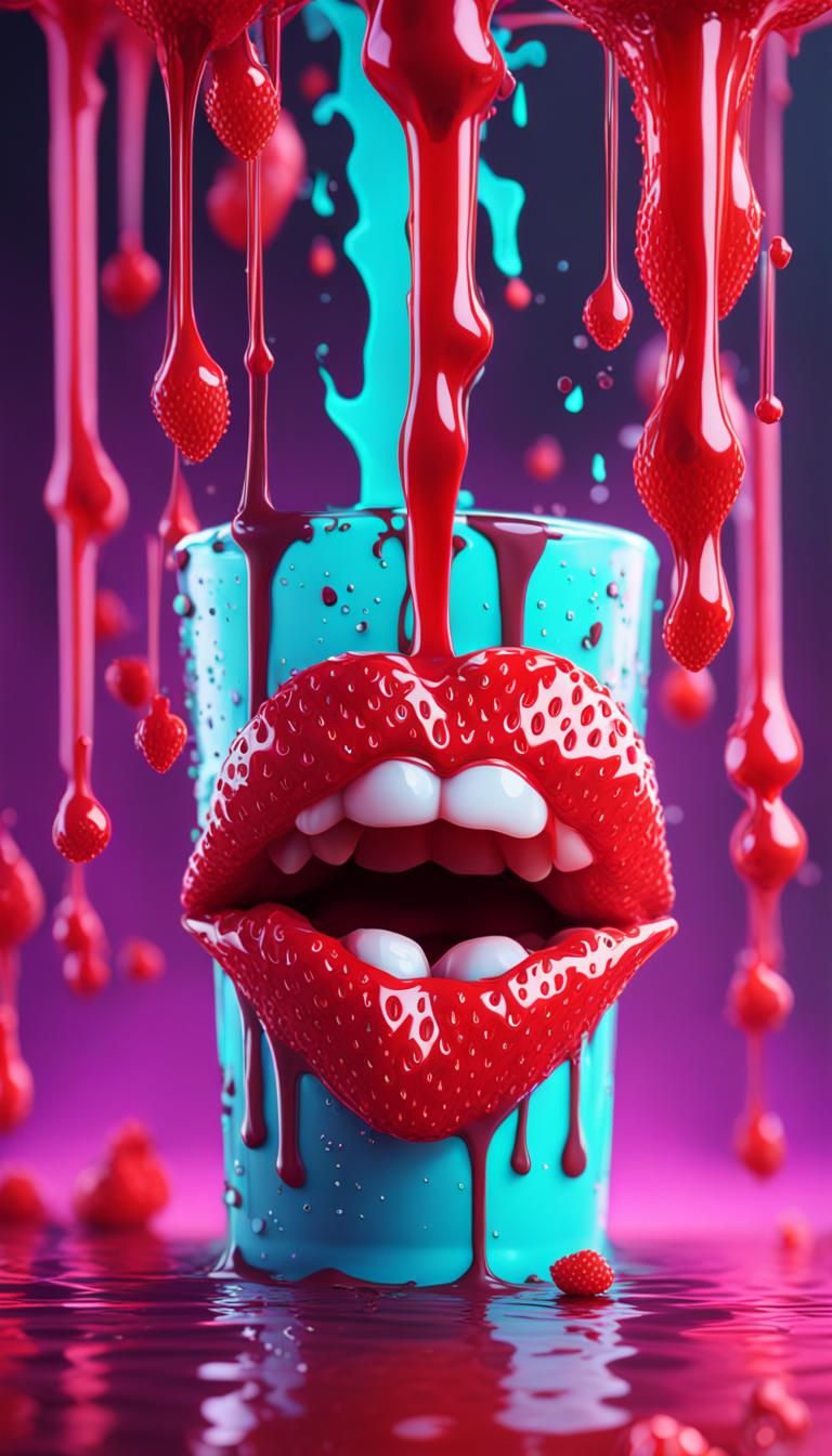 Surreal 3D Lips with Dripping Strawberry in Neon