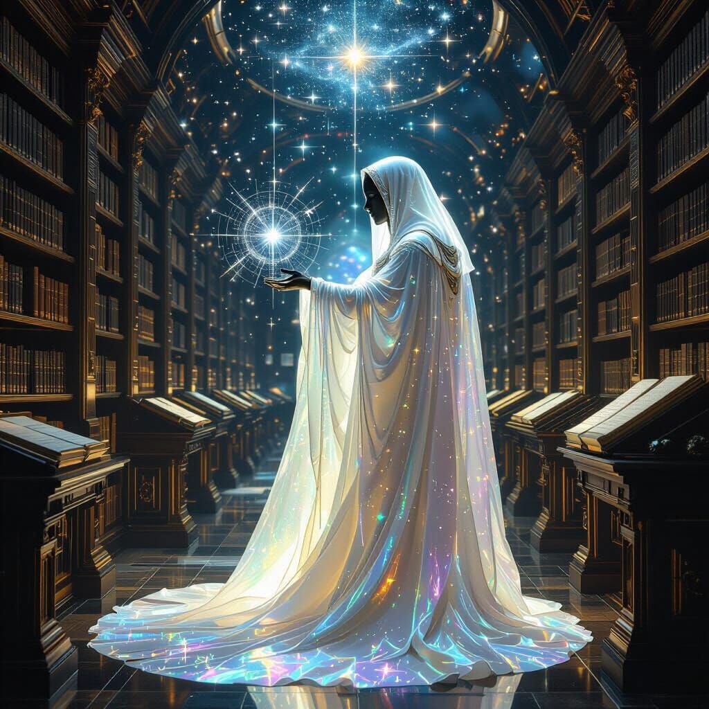 Celestial Librarian Arranging Constellations in Cosmic Libra...