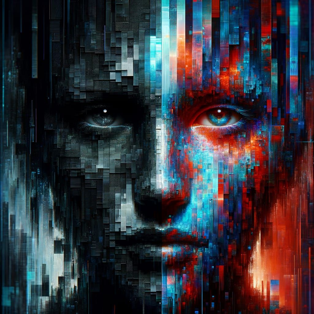 Surreal Glitch Art Face Portrait: Dark vs. Bright Halves