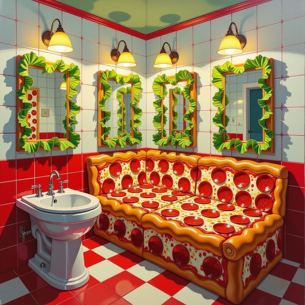 Surreal Pizza Bathroom Oil Painting