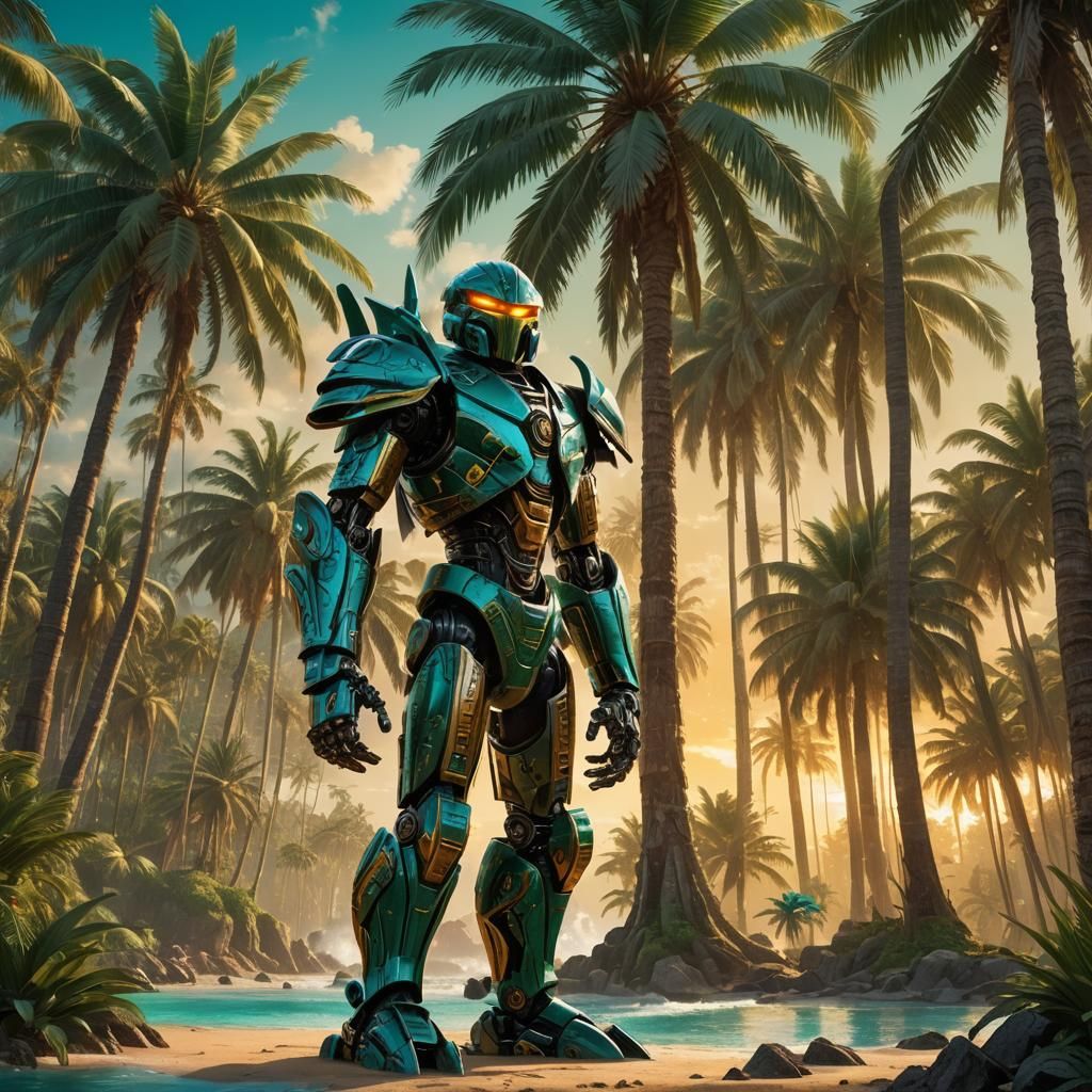 Colossal Bionicle Warrior Among Giant Palm Trees