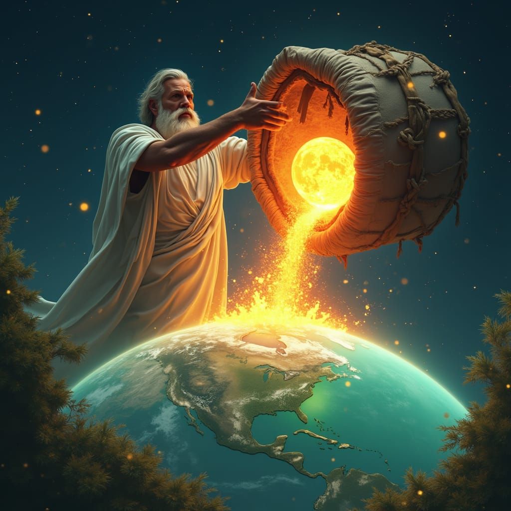 Ancient Philosopher Unleashes Radiant Sun in Cosmic Landscap...