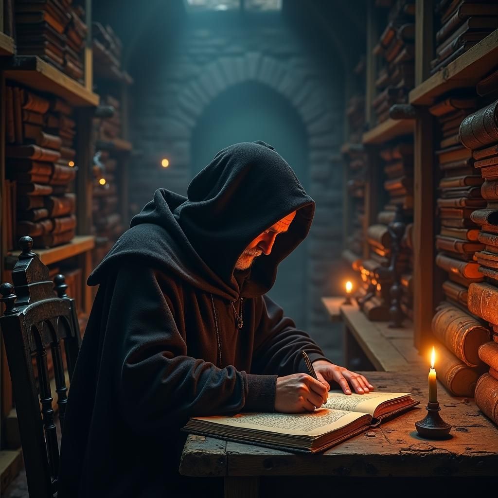 Medieval Monk Transcribing by Candlelight