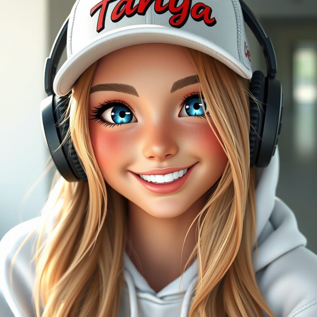Smiling Girl with Headphones in 3D Anime Style