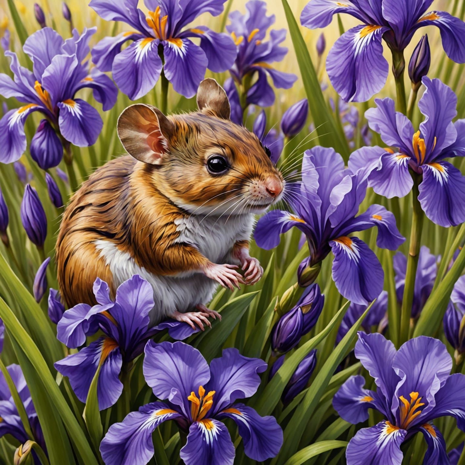 Cute Mouse in Purple Iris with Honey Bee Painting