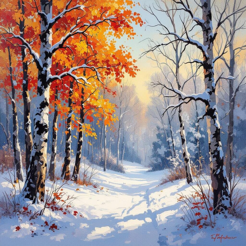 Autumn Forest Transitions to Winter Gouache Painting