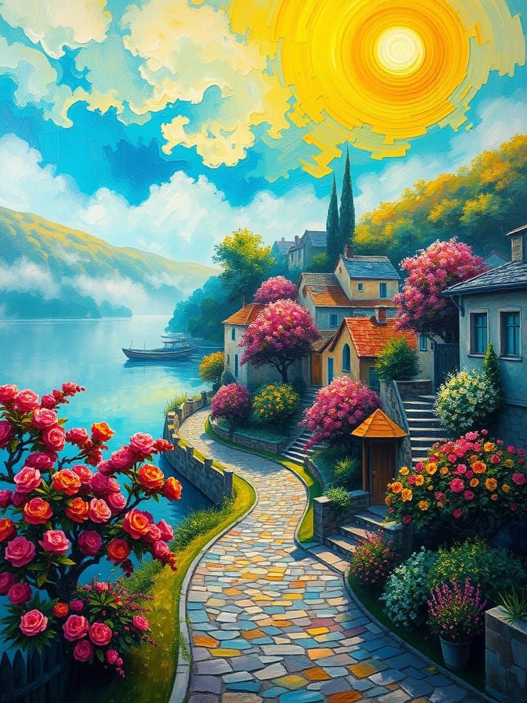 Vibrant Neo-Impressionist Village Scene in Misty Bloom