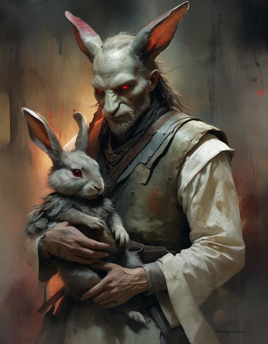 Warrior Guardian with Ruby-Eyed Companion in a Faded, Digita...