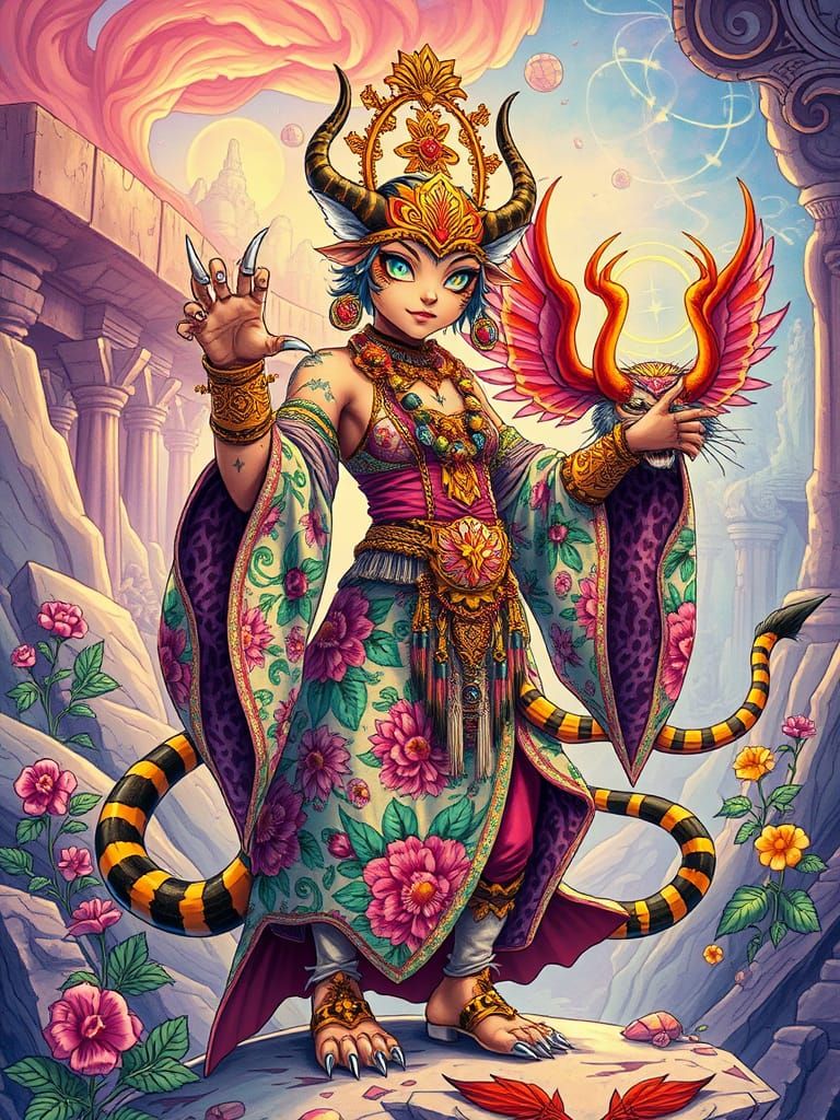 Surreal Fantasy Goddess in Shamanic Robes with Tiger Compani...