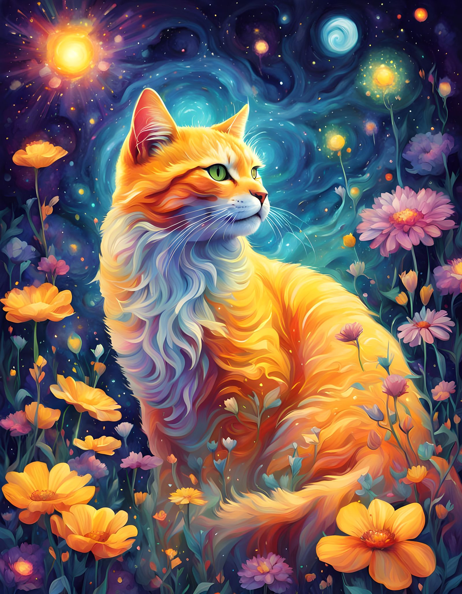 Vibrant Whimsical Cat in Astral Spring Meadow