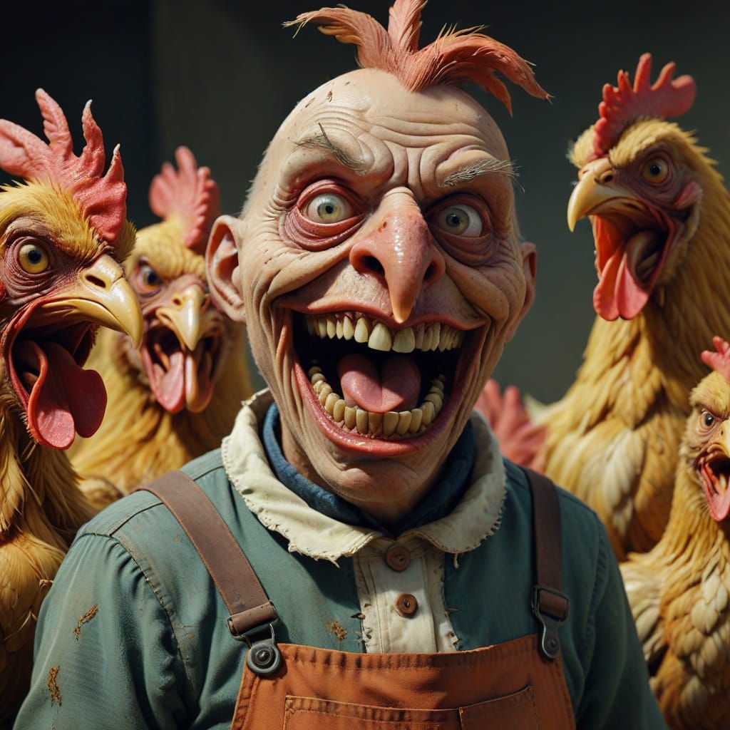 Surreal Farmer Argues With Indignant Chicken in Bosch Style