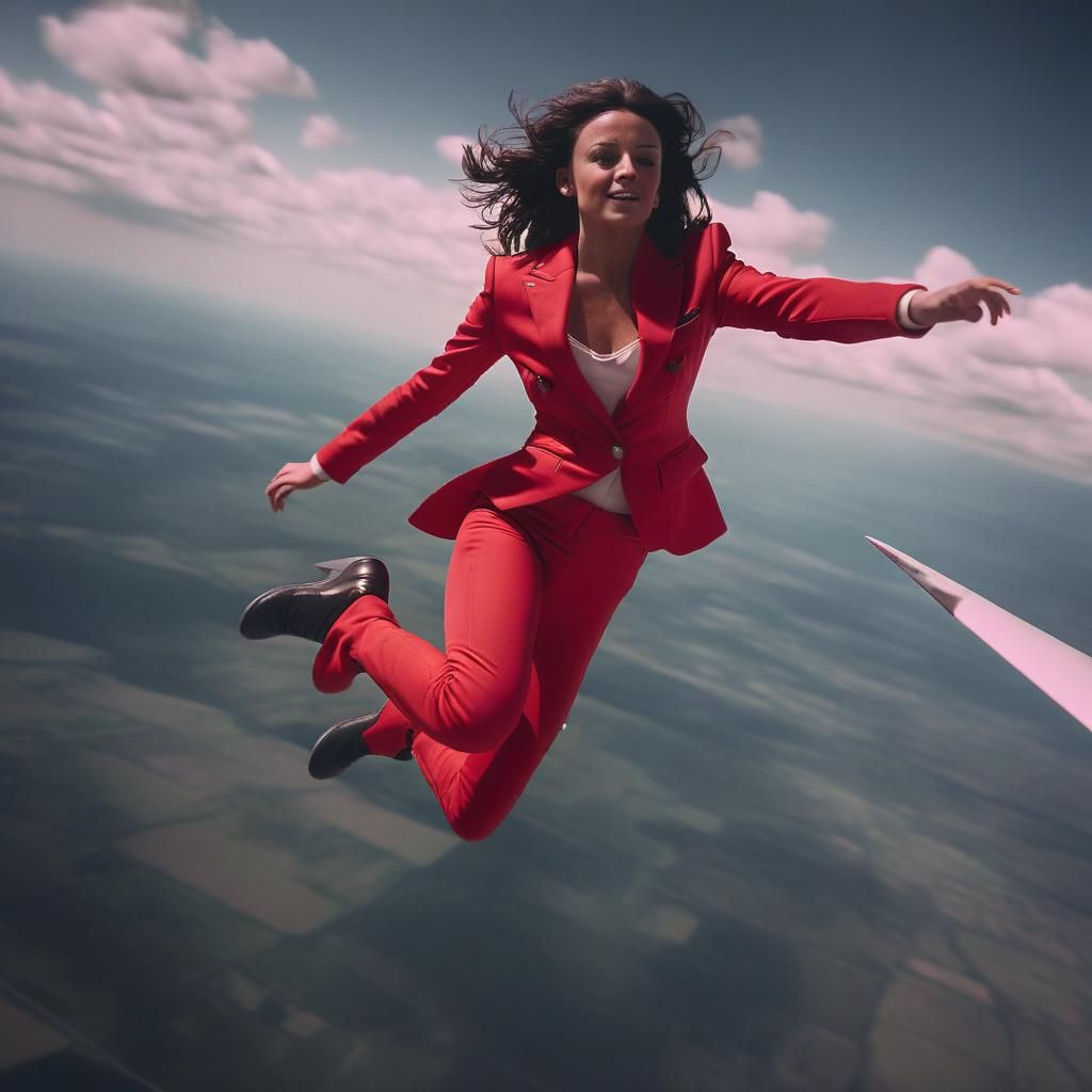 Woman in Red Suit Flying: Cinematic Film Still