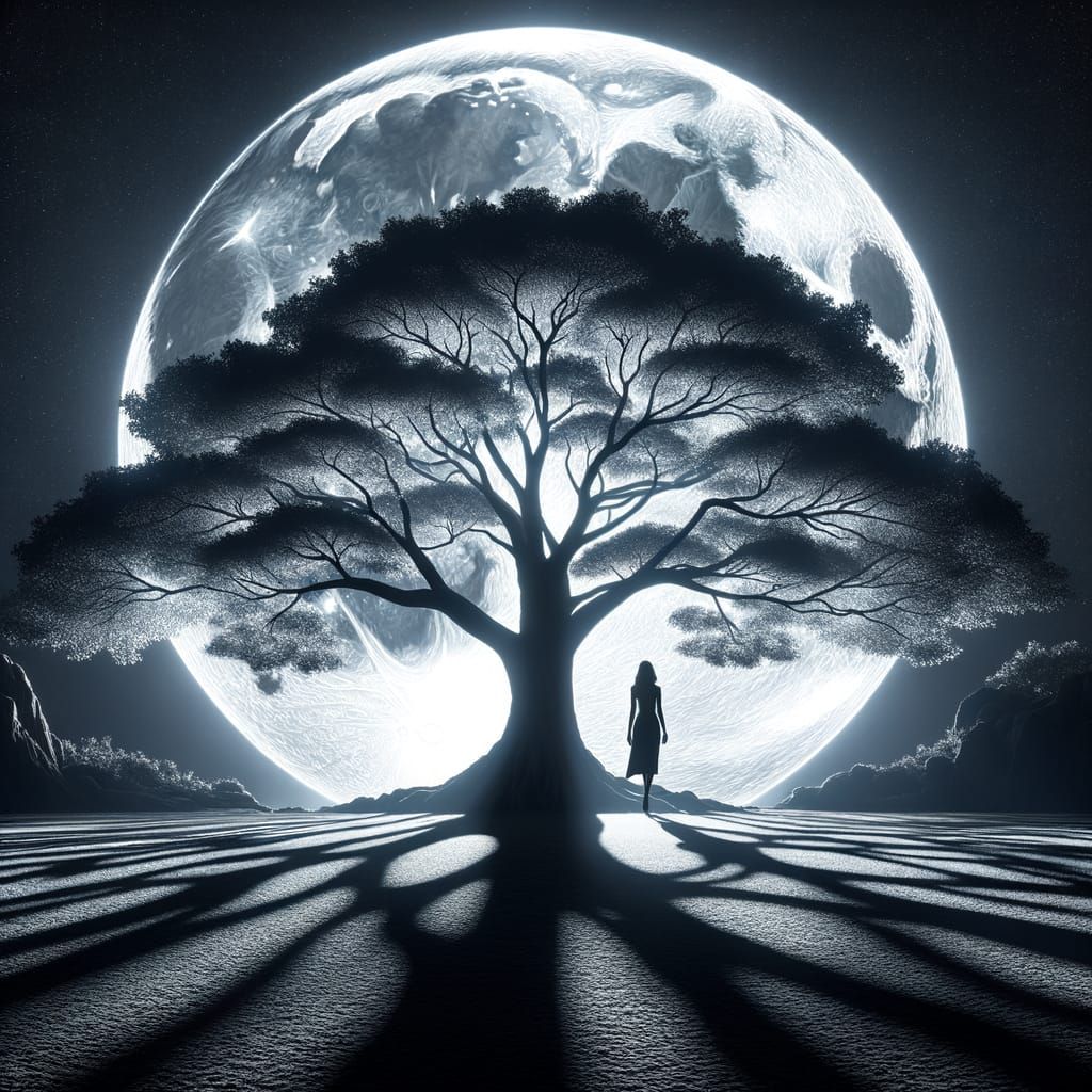 Elegant Moonlit Tree Silhouette with Woman's Shadow