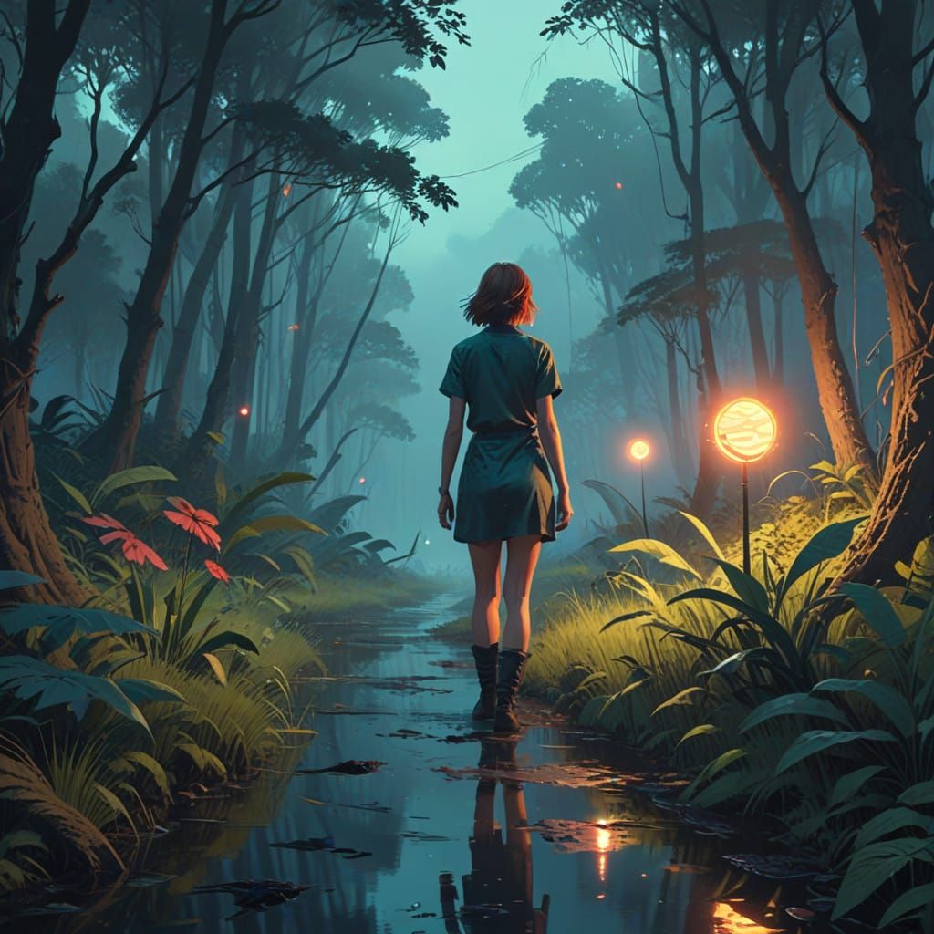 A Woman Moves with Ethereal Light in a Vibrant Jungle