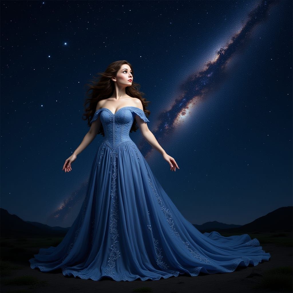 Celestial Gown: Woman Gazing at Constellations