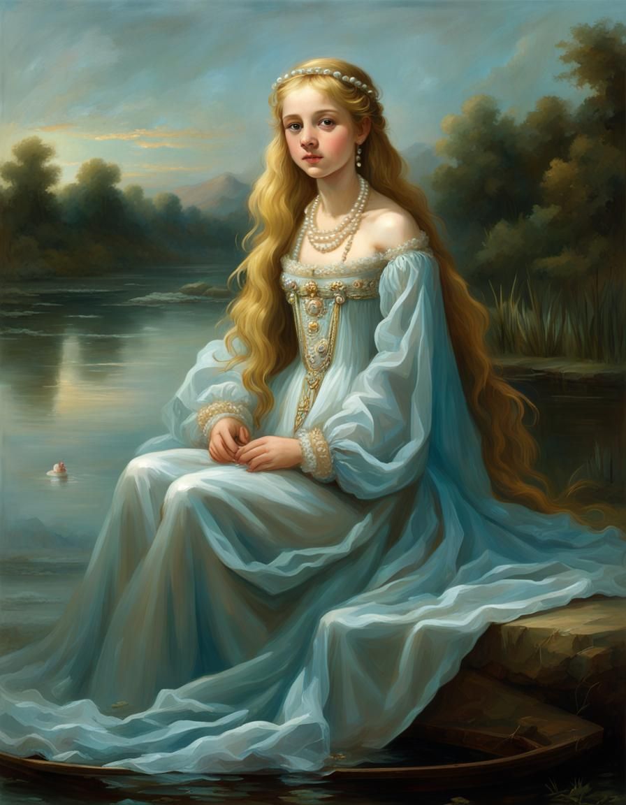 Renaissance Girl with Pearl Embroidery in Lake