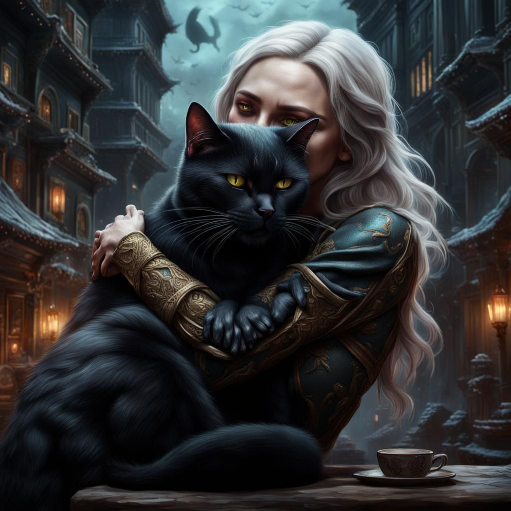 Black Cat Stealing Breath: Detailed Fantasy Art