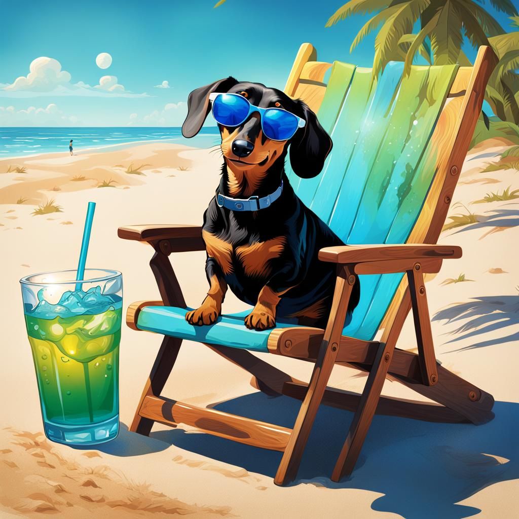 Dachshund Sipping Drink on Beach in Fantasy Art