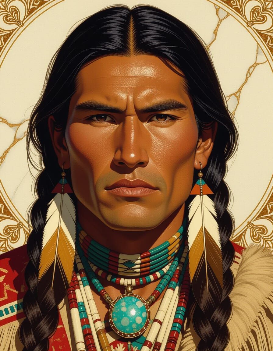 Marble Carving of a Navajo Warrior in Oil Painting Style