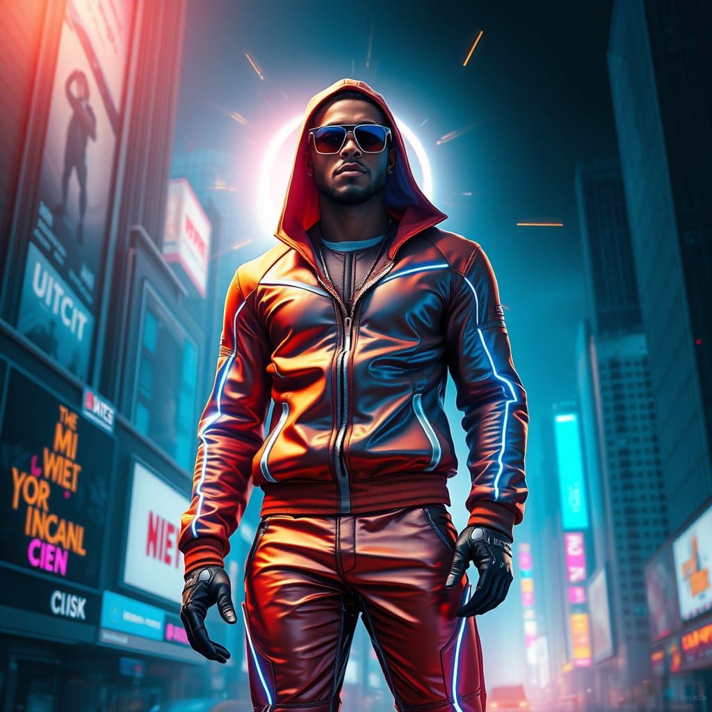 Rap God Dominating Futuristic Cityscape in Cyberpunk Style