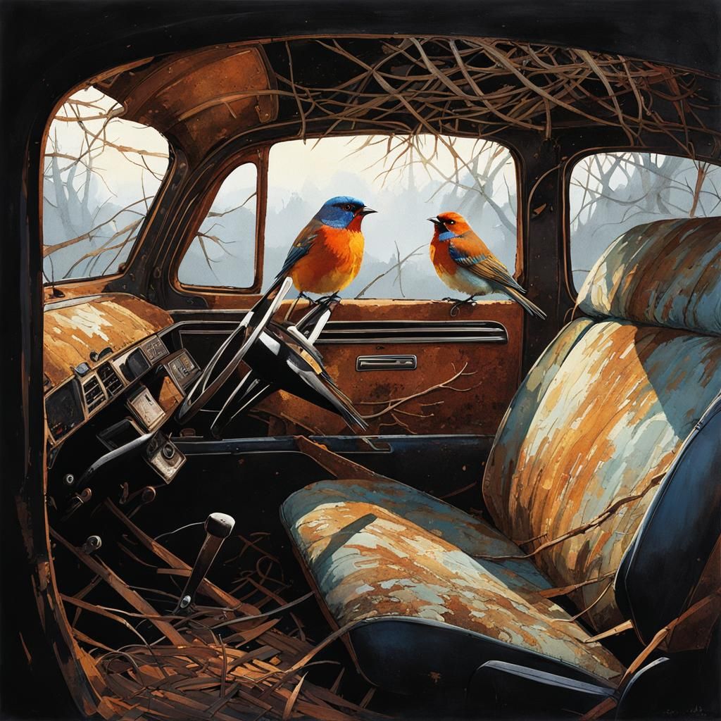 Bird's Nest in Rusted Car Interior