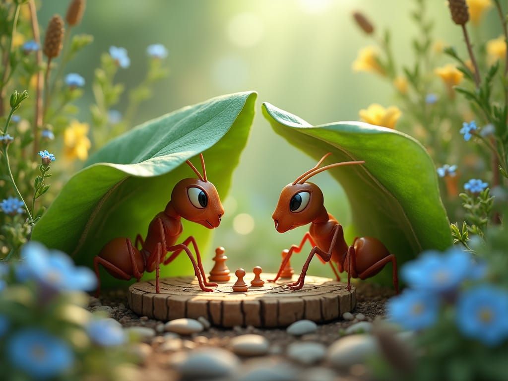 Ants Playing Chess in a Lush Landscape, Pixar Style