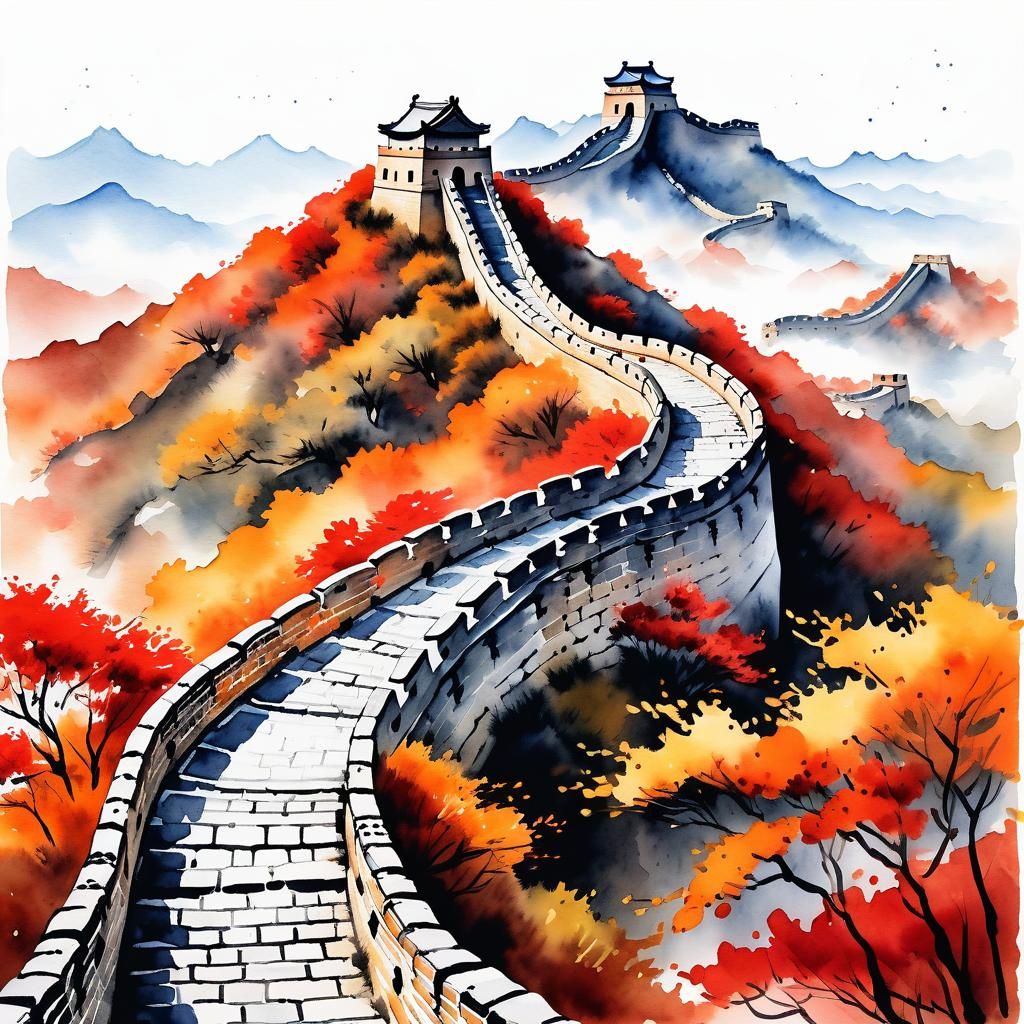 Great Wall in Autumn: Watercolor Chinese Ink Painting