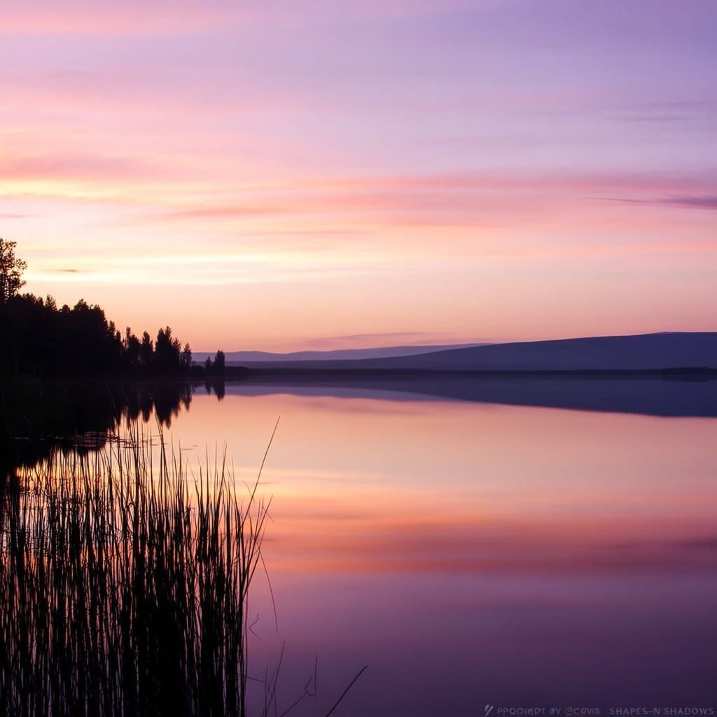 Tranquil Lakeside Reflection at Dusk in Impressionistic Styl...