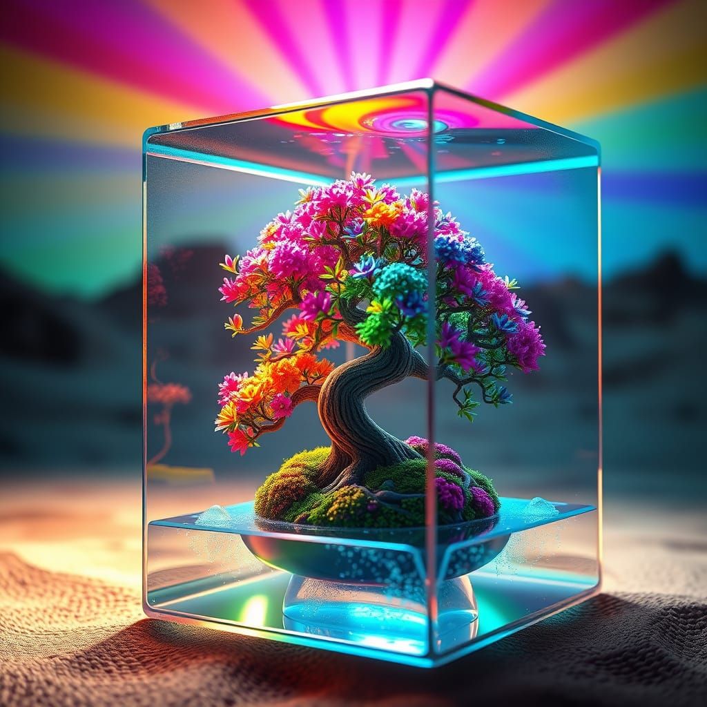 Vibrant Bonsai Tree in a Glass Cube