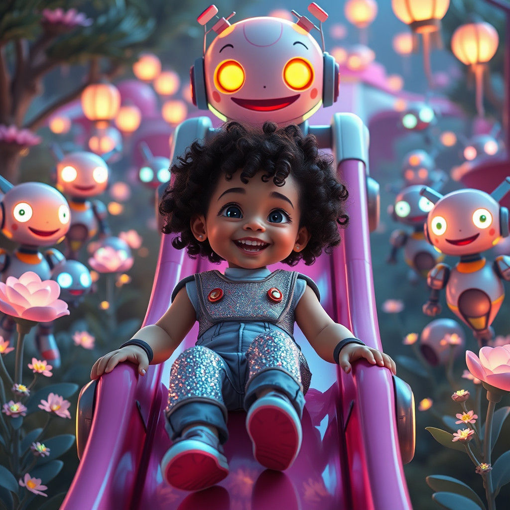 Girl Slides Down Whimsical Robotic Slide in Ghibli Style