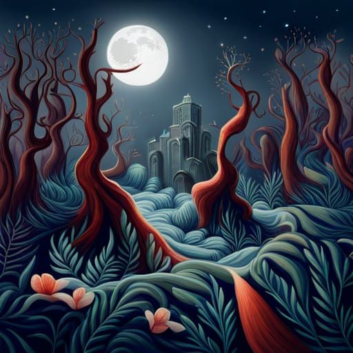 Surreal Enchanted Forest Illustration in Art Nouveau Style