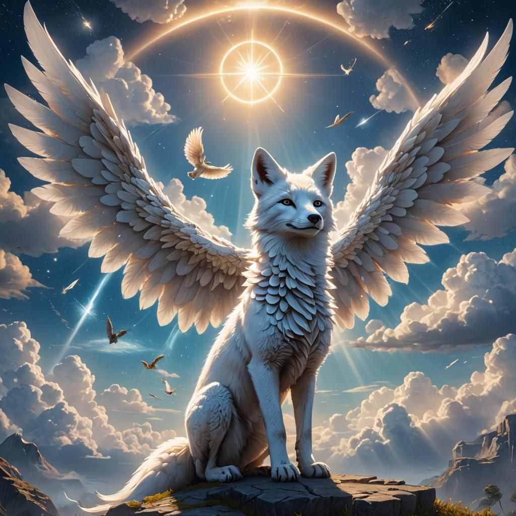 Winged White Fox with Halo in Starry Sky